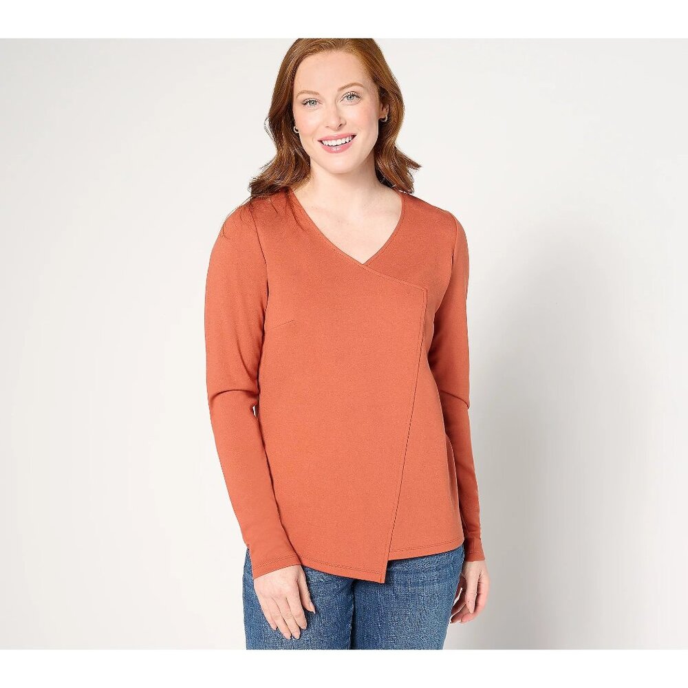 BEAUTIFUL by Lawrence Zarian Ponte VNeck Long Sleeve Seamed Top Size Medium Clay